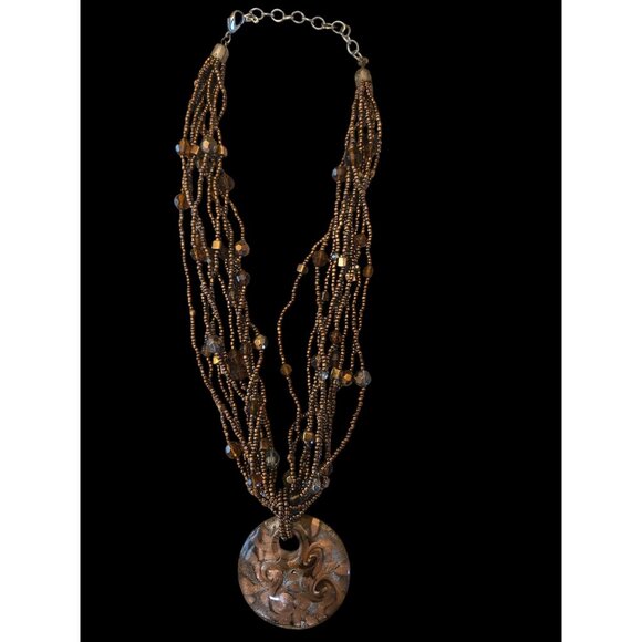 Multi-Strand Glass Bead Necklace With Bronze Swirl Pendant Art Glass Look - Picture 1 of 7